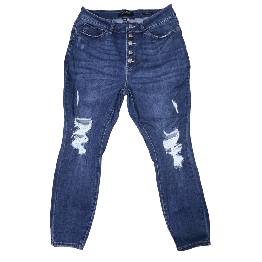 Judy Blue 16W Skinny Jeans Dark Wash‎ Distressed Ripped Button Fly High Rise